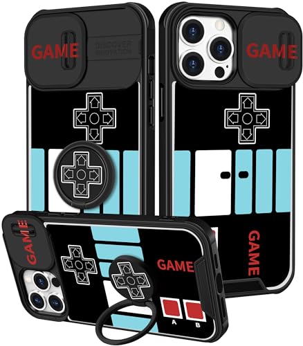 Funermei (2in1 for iPhone 15 Pro Case for Boys Cute Cover Cool Fun Funny Cartoon Game Kids Girls Men Black Unique Design with Camera Cover and Ring Stand Funda for iPhone 15 Pro Phone Cases 6.1'