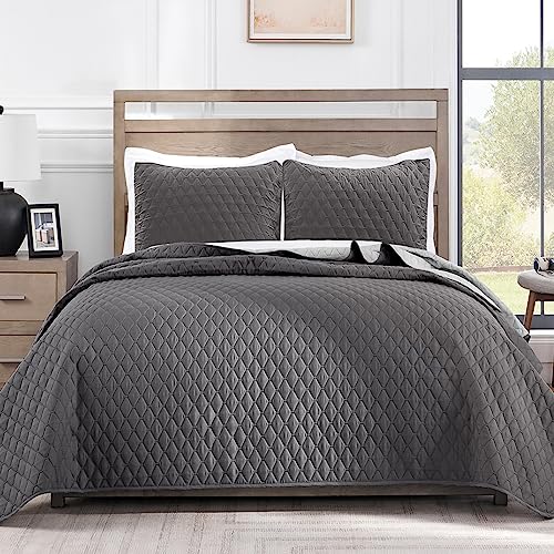 Exclusivo Mezcla Ultrasonic Reversible King Size Quilt Bedding Set with Pillow Shams, Lightweight Quilts King Size, Soft Bedspreads Bed Coverlets for All Seasons - (Grey, 104'x96')