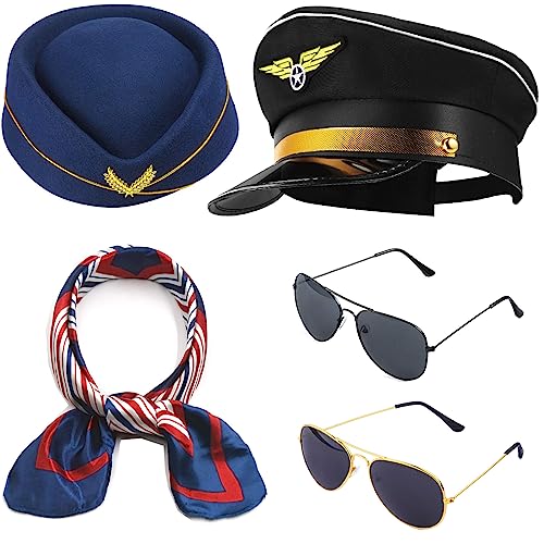 Pilot Captain Hat Costume set Stewardess Accessories Flight Attendant Hat with Sunglasses and Scarf Cosplay Dress up (5Pcs)