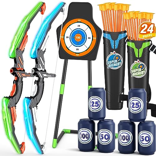 HYES 2 Pack Bow and Arrow for Kids, LED Light Up Archery Set with 12 Suction Cup Arrows, 1 Standing Target, 3 Score Targets & 1 Quiver, Indoor Outdoor Sport Gifts for Boys Girls Ages 4-12