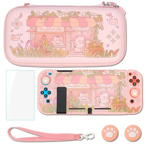 PERFECTSIGHT Kitty Carrying Case for Nintendo Switch, Cute Switch Protective Case Hard Cover with Cat Paw Thumb Grip Caps, Screen Protector, Storage Case Accessories Kit Bundle for Girls - Flower Shop