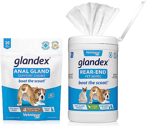 Glandex 30ct Peanut Butter Anal Gland Soft Chews with Glandex 75ct Pet Wipes Bundle by Vetnique Labs