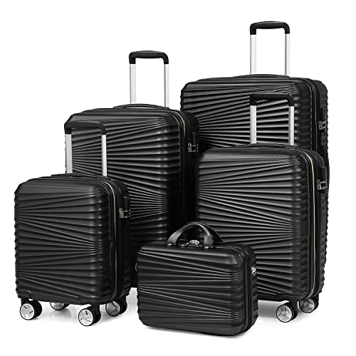 LEAVES KING Luggage 5 Piece Sets, Hard Shell Luggage Set Expandable Carry on Luggage Suitcase with Spinner Wheels Durable Lightweight Travel Set for Men Women(14/18/20/24/28, Black)