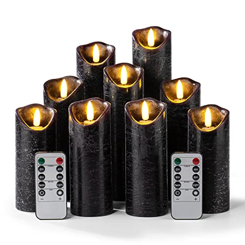 Hausware Set of 9 Flameless Candles Battery Operated LED Real Wax Flickering Electric Candles with Remote Control Timer for Wedding Birthday Halloween Christmas Decorations (Black Color)