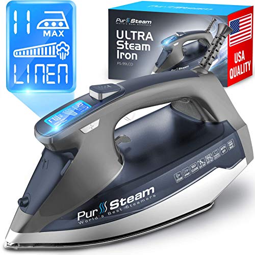 PurSteam Steam Iron for Clothes 1800W with LCD Screen, Nonstick Ceramic Soleplate, Auto Shutoff, Anti-Drip, Self-Cleaning