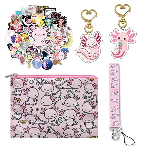 CTROW Kawaii Axolotl Gifts Set,Axolotl Makeup Bag for Girls,Axolotl Keychains Lanyard,Cute Axolotl Stickers and Purse Wallet