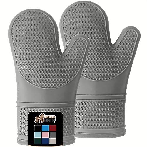 Gorilla Grip Heat and Slip Resistant Silicone Oven Mitts Set, Soft Cotton Lining, Waterproof, BPA-Free, Long Flexible Thick Gloves for Cooking, BBQ, Kitchen Mitt Potholders, 12.5 in, Gray