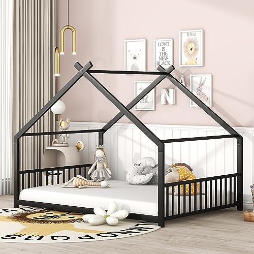 Oudiec Full Size Montessori Floor Bed for Kids Bedroom, Full Floor Bed with Slats & Roof Design,Space Saving Design & No Box Spring Needed, Black