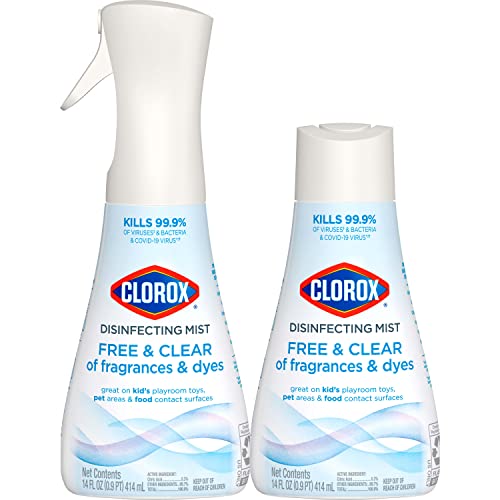 Clorox Free & Clear Disinfecting Mist, Household Essentials, 1 Spray Bottle and 1 Refill, 14 Fl Oz Each
