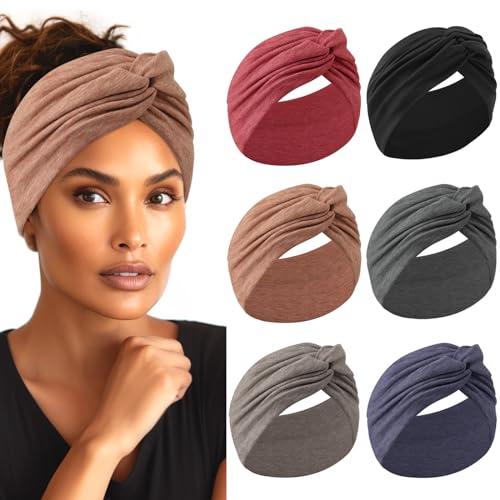 HAUHC Extra Wide Headbands for Women, 7'' Large Cotton Like Turban Knotted Bandana Head Bands for Women Non Slip, Boho Headbands for Women's Hair Workout Sports Yoga Skincare, 6pack