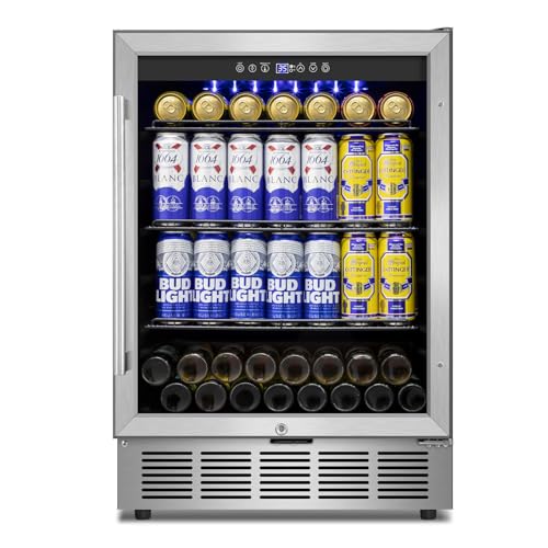 Beverage Refrigerator 24 inch-200 Can Drink Fridge with Glass Door, Under Counter/Freestanding Beverage Cooler with Temperature Memory, Reversible Door, Quick Cooling, Cooler for Beer, Soda, Wine