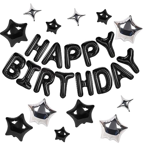 CANREVEL Happy Birthday Banner 13pcs 16 Inch Mylar Foil Letters with 12pcs Star Balloons Birthday Party Decorations for Kids and Adults - 3D Black
