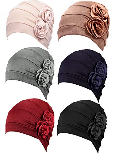 6 Pieces Women Turban Flower Caps Vintage Beanie Headscarf Elastic Headwrap Hat