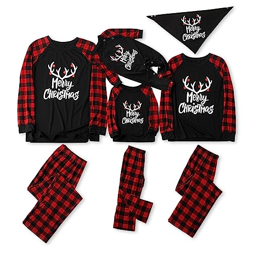 IFFEI Matching Family Pajamas Sets Christmas PJ's with Letter and Plaid Printed Long Sleeve Tee and Bottom Loungewear Women-Medium Black