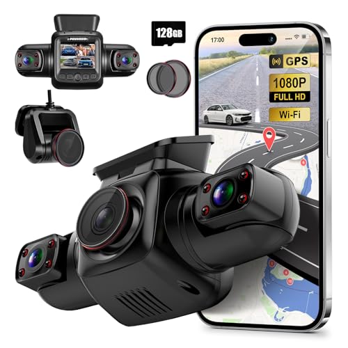 PRUVEEO Dash Cam, 4 Channel Camera FHD 1080Px4, Front Left Right and Rear, Front and Rear Inside, Built-in GPS WiFi, Polarizing Lens CPL Filter, Free 128GB Card, Double CPL