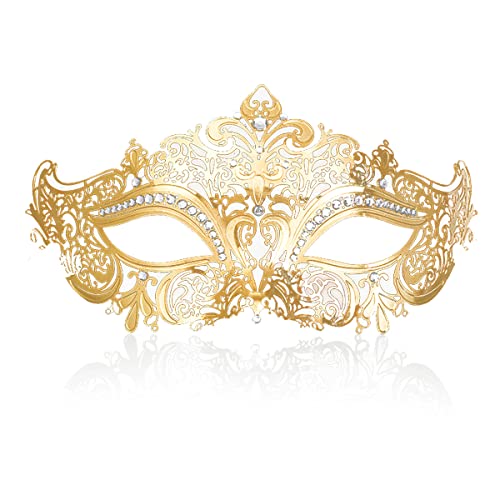 Masquerade Mask for Women Shiny Laser Cut Metal Rhinestone Mask Party Porm Ball Mask (Gold Owl)