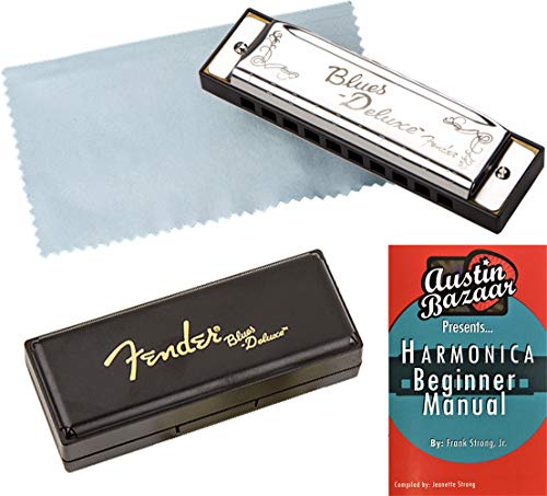 Fender Blues Deluxe Harmonica - Key of C Bundle with Carrying Case, Austin Bazaar Instructional Manual, and Polishing Cloth