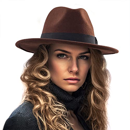 LADYBRO Fedora Hats for Women Wide Brim Hat, Incld 3 Decor Belts, Wool Felt, 58cm Adjustable Women's Fedora Wool Coffee