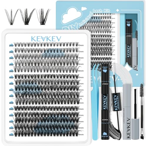 KevKev Lash Extension Kit 300Pcs Lash Clusters Kit DIY Eyelash Extension Kit with Lash Bond and Seal Eyelash Remover Lash Applicator Wispy Lashes Look Like Extensions Gift Kit(20D+40D+50D, D-10-18mix)