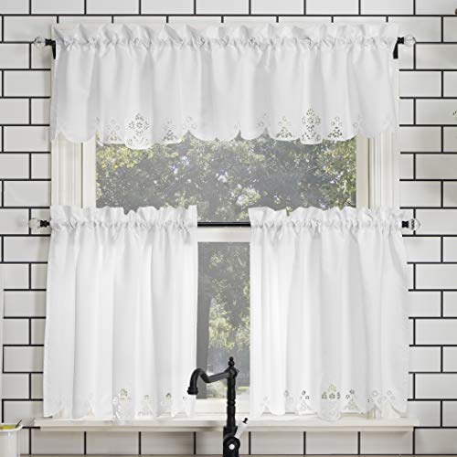 No. 918 Mariela Floral Trim Semi-Sheer Rod Pocket Kitchen Curtain Valance and Tiers Set, 58' x 36', White