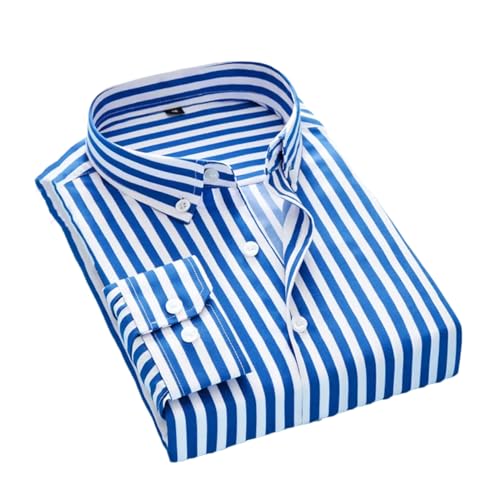 Mens Business Lapel Casual Long Sleeved Shirt Classic Striped Male Social Dress Shirts Outwear Lake Blue XXXL