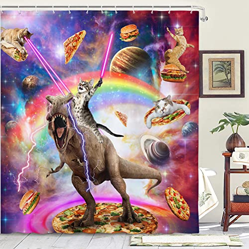 Funny Cat Shower Curtain, Cool Cat Riding Dinosaur on Fantasy Galaxy Space Shower Curtain, Cute Hilarious Outer Universe Anime Fabric Boys Girls Shower Curtain for Bathroom with 12PCS Hooks, 70X70IN