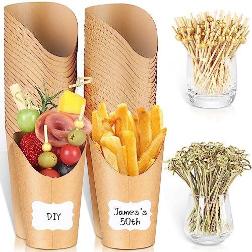 50 Charcuterie Cups with Sticks + 200 Cocktail Picks + 50 Labels, Disposable French Fry Holder with Bamboo Skewers Toothpicks, 12 oz Brown Kraft Paper Appetizer Cups Charcuterie Boards Accessories