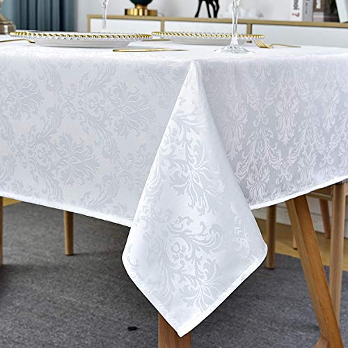 Rectangle Table Cloth - 60 x 120 Inch White Jacquard Tablecloths Damask Design Spillproof Wrinkle Resistant Shrinkproof Soft Tablecloth Polyester Oblong Table Cover for Kitchen Dinning Party Tabletop