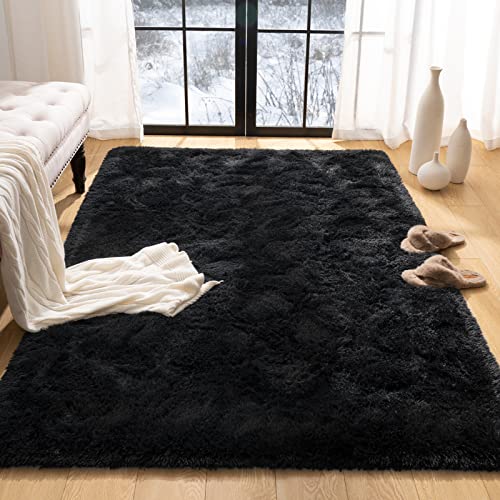 Fosirug Rugs for Bedroom Long Plush 4x6 Feet Area Rug for Living Room Ultra Soft Shaggy Carpet for Christmas Home Decor Faux Fur Fluffy Mat for Bedside Nursery Kids Room College Drom, Black