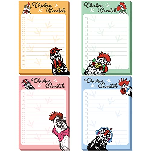 4 Pads Funny Animal Sticky to Do Notepad Chicken Hens Dogs Cats Pigs Lover Gifts Chicken Scratch Notepad Chicken Gifts for Rooster Baby Chicklet Barn Office Decor Accessories, 4 x 6''(Chicken)