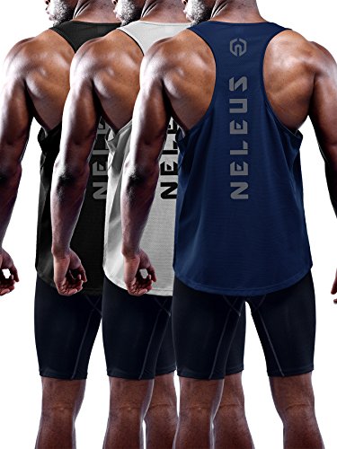NELEUS Men's 3 Pack Dry Fit Muscle Tank Workout Gym Shirt,5031,Black,Navy,Grey,L,EU XL