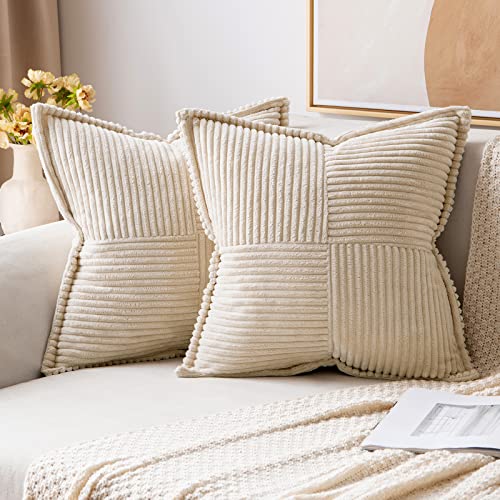 MIULEE Corduroy Pillow Covers with Splicing Set of 2 Super Soft Boho Striped Pillow Covers Broadside Decorative Textured Throw Pillows for Spring Couch Cushion Livingroom 18x18 inch, Beige