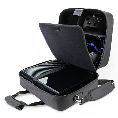USA Gear Console Carrying Case - Xbox Travel Bag Compatible with Xbox One and Xbox Series S with Water Resistant Exterior and Accessory Storage for Xbox Controllers, Cables, Gaming Headsets - Black