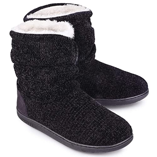 LongBay Women's Chenille Knit Bootie Slippers Cute Plush Fleece Memory Foam House Shoes (Medium / 7-8 B(M), Black)
