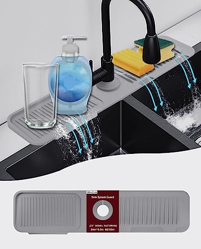 5°slope kitchen sink splash guard-gray silicone faucet mat handle drip catcher tray behind faucet with soap dispenser hole-1pc water clear gadgets for sink accessories 5 by 24inch long organizer