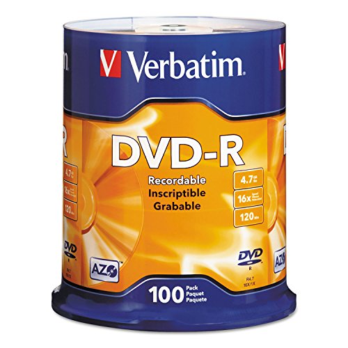 Verbatim DVD-R Blank Discs AZO Dye 4.7GB 16X Recordable Disc - 100 Pack Spindle,Silver