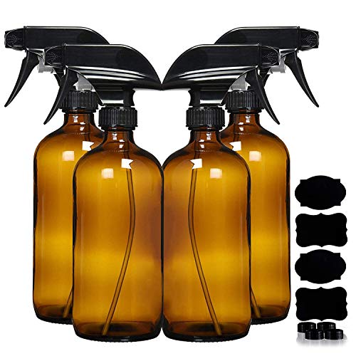 Homeries Amber Glass Spray Bottles For Cleaning Solutions (4 Pack) - 16 Ounce, Refillable Sprayer for Essential Oil, Water, Kitchen, Hair. Durable Black Trigger Sprayer w/Mist and Stream Settings