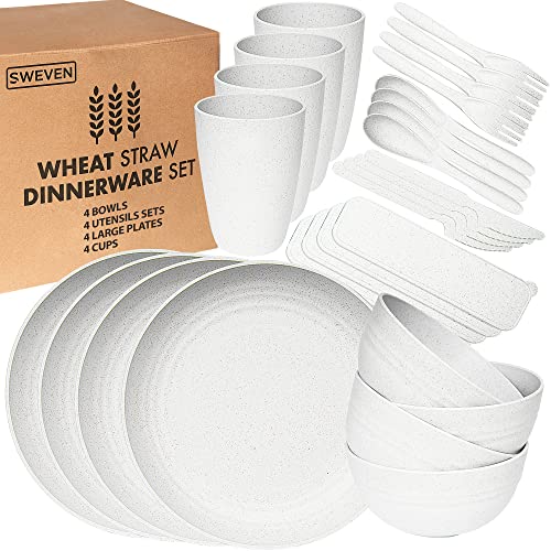 Wheat Straw Dinnerware Sets | Unbreakable Dinnerware Sets | Dishwasher Microwave Safe Dinnerware | Eco Friendly Non Breakable Dinnerware Sets | RV Outdoor Camping (White, Service for 4 (28 pcs))
