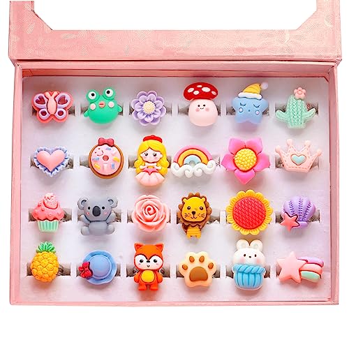 PinkSheep Little Girl Jewel Rings in Box, Adjustable, No Duplication, Girl Pretend Play and Dress Up Rings (24 Surface Ring)