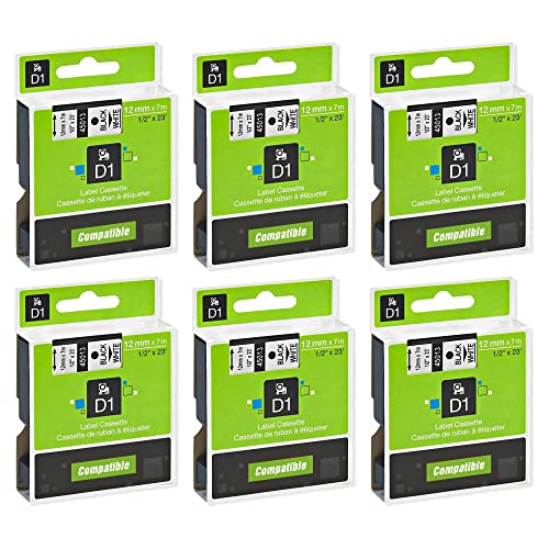 6-Pack Dymo D1 Label Tape 45013 Black on White 1/2 Inch x 23 Feet Compatible for DYMO LabelManager 160 280 210D 360D 420P Wireless PnP 220P 260P 500TS 450DUO