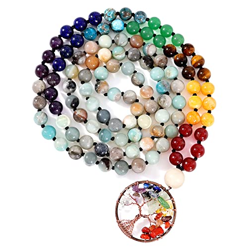 Bivei 108 Mala Beads Necklace Tree of Life 7 Chakra Wrap Bracelet Real Healing Gemstone Yoga Meditation Hand Knotted Mala Prayer Bead Necklace(Amazonite 8mm)
