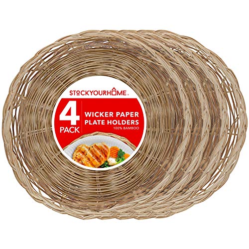 Stock Your Home 10-Inch Bamboo Paper Plate Holder (4 Count) - Heavy Duty Wicker Reusable Natural Charger Plates