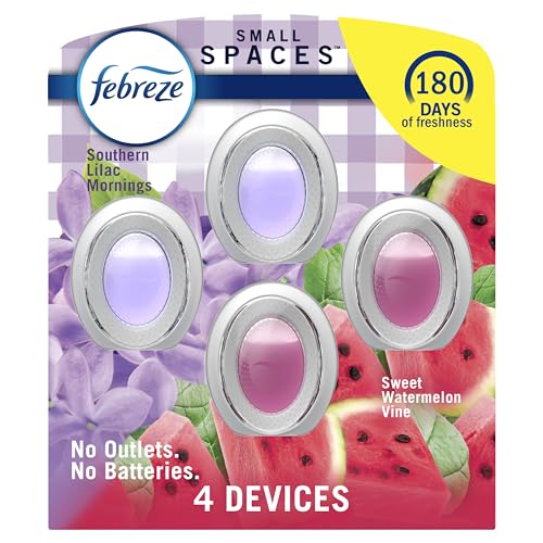 Febreze Small Spaces Air Freshener Sweet Watermelon Vine, Southern Lilac Mornings, Pack of 4 (2 of Each), 0.25 Oz Each