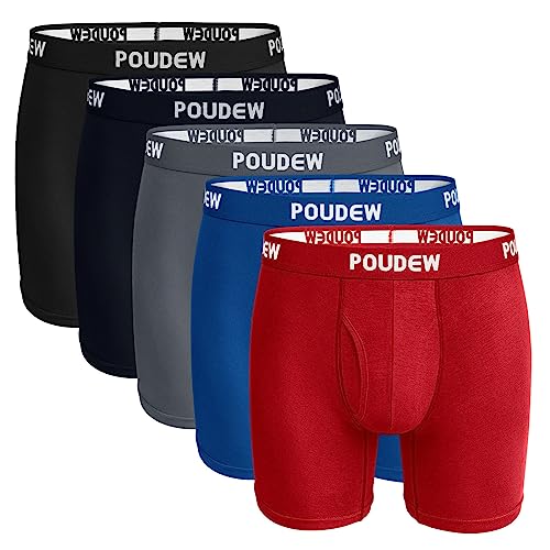 POUDEW Mens Underwear Boxer Briefs, Tagless Soft Viscose Boxer Briefs for Men Pack of 5 (XX-Large, Black/Grey/Navy/Blue/Red)