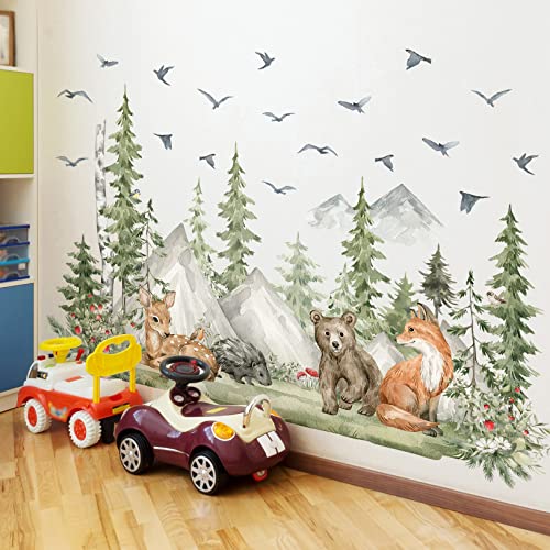 Amaonm 4 Sheet of 12x36 inch Giant Mountain Forest Tree Wall Decal Woodland Deer Bear Fox Birds Wall Stickers 3D DIY Peel and Stick Jungle Wild Animal Pine Wall Decor for Kids Boys Bedroom Playroom