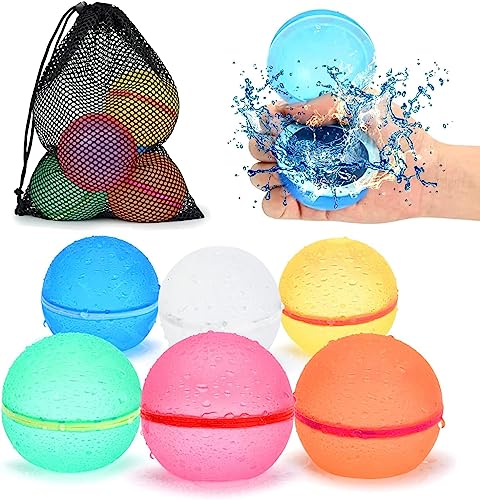 98K Reusable Water Balloons 6Pcs with Mesh Bag, Self Sealing Silicone Ball Latex-Free, No Clean Hassle, Easy to Fill, Summer Toys Water Toy Swimming Pool Beach Park Yard Outdoor Games Party Supplies