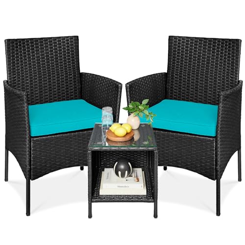 Best Choice Products 3-Piece Outdoor Wicker Conversation Bistro Set, Space Saving Patio Furniture for Garden w/Side Table - Black/Teal