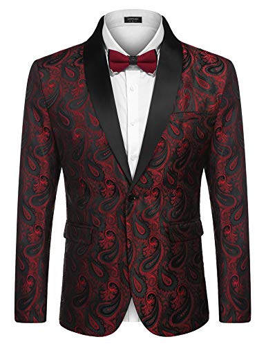 COOFANDY Mens Floral Tuxedo Jacket Paisley Shawl Lapel Suit Blazer Jacket for Dinner,Prom,Wedding Wine Red