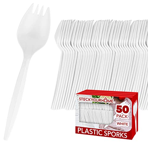 Disposable Sporks (50 Pack) White Plastic Sporks - BPA Free Kid Safe 2 in 1 Utensils - Heavy Weight Fork Spoon for School Lunch, Picnics, Catering, Restaurants, Kids Birthday Parties - Stock Your Home