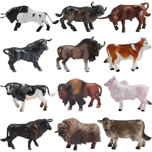 Mini Tudou 12 Pcs Farm Toy Set，Multicolor Cow Animal Figurines Cool Cake Topper & Exhibits Best Gift for Ages 3 4 5 Boys&Girls